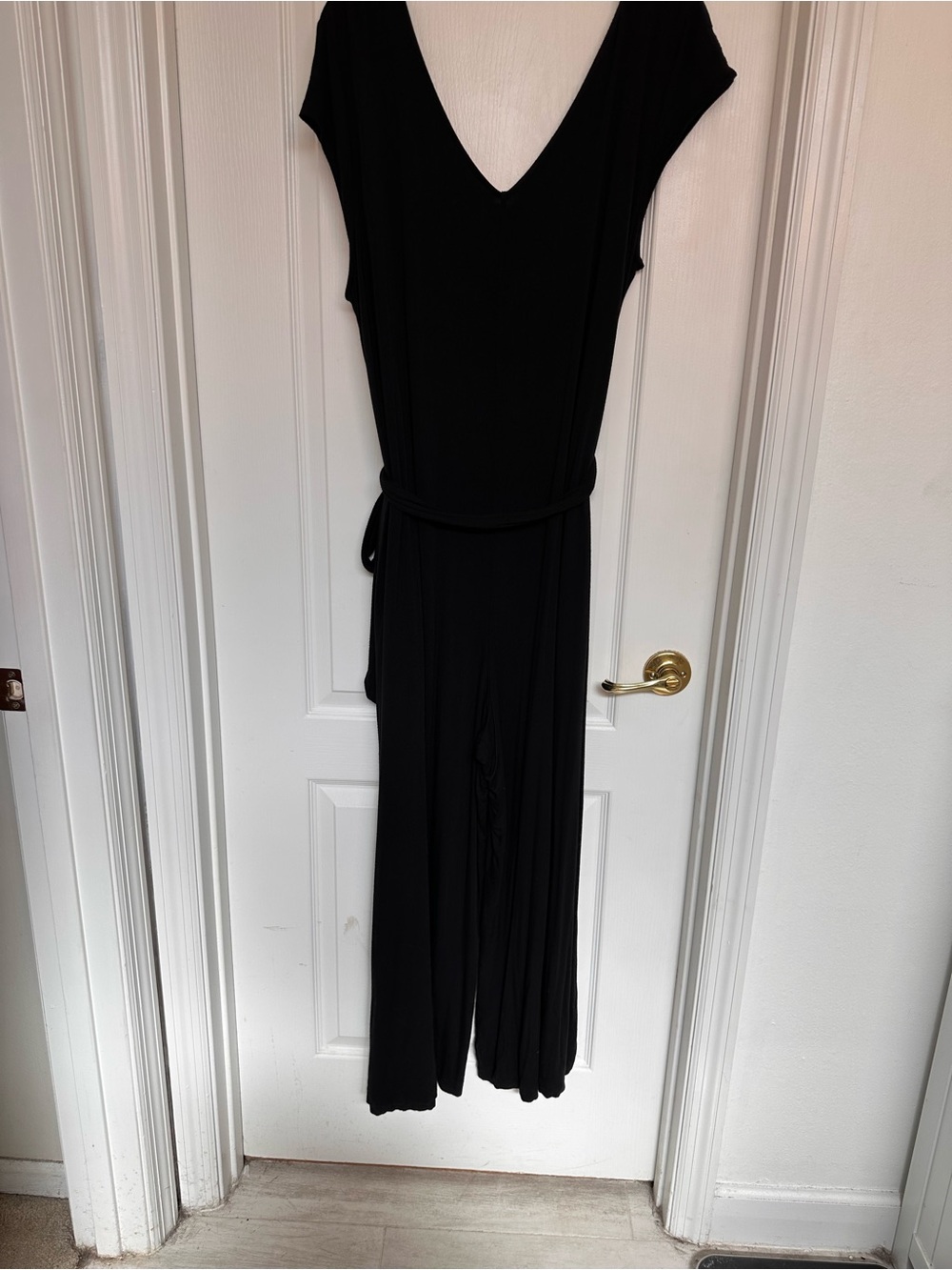 Betabrand Black V-Neck Jumpsuit with Tie Waist
